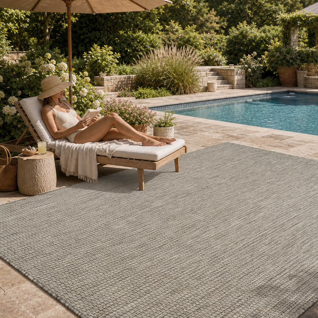 A light gray plain weave outdoor area rug adds subtle basketweave texture to a poolside lounge area with a chaise chair, umbrella shade, garden greenery, and relaxed summer patio decor.
