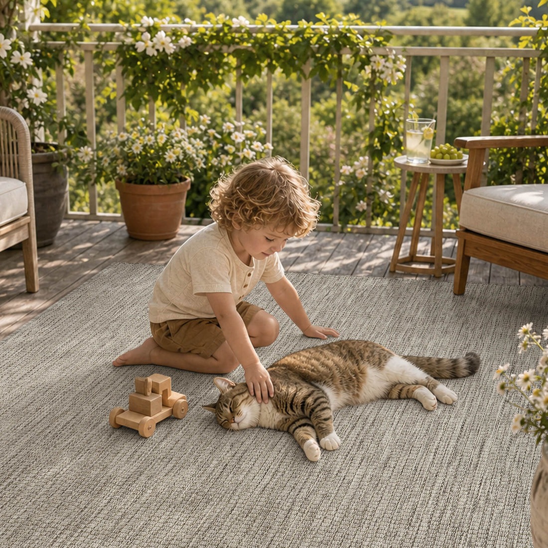A light gray plain weave outdoor rug creates a cozy child and cat friendly balcony play area with natural woven texture, outdoor seating, potted flowers, and relaxed weather-resistant style.