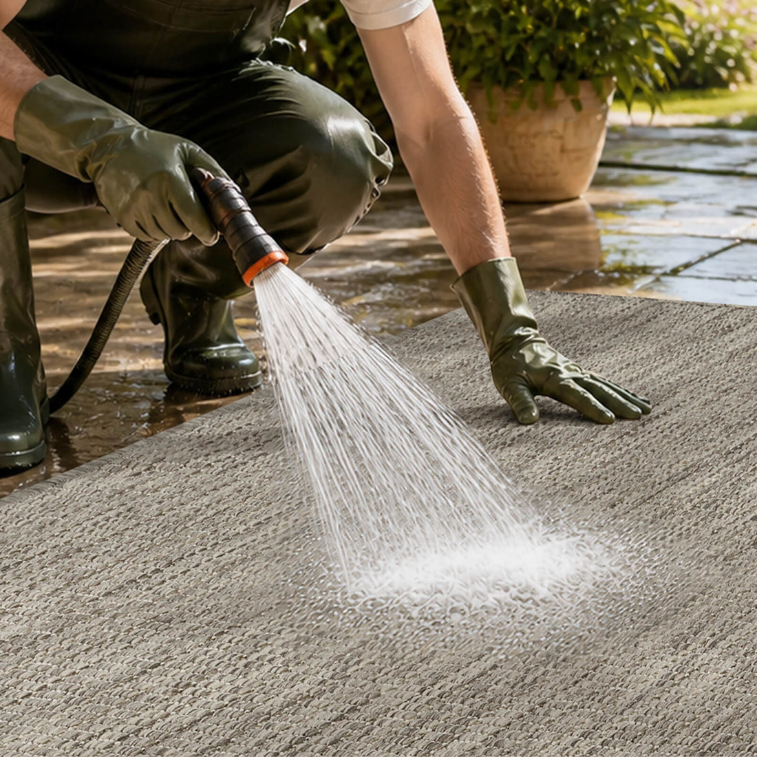A light gray plain weave outdoor rug is shown being washed with a garden hose, highlighting its quick-dry woven surface, easy-clean outdoor design, and durable texture for patios, decks, and porch spaces.