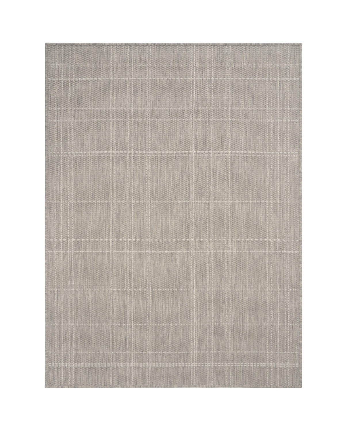 A light gray subtle grid outdoor area rug features woven plaid lines and a clean minimal texture, bringing durable weather-resistant style to patios, decks, porches, entryways, and indoor outdoor living spaces.