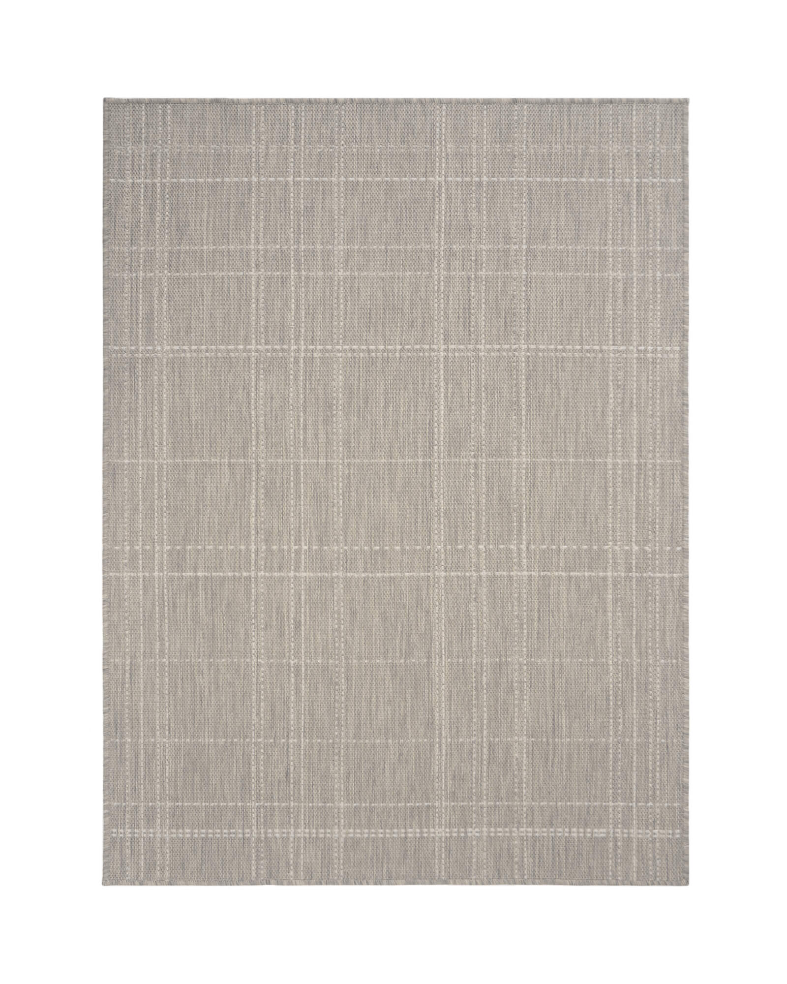 A light gray subtle grid outdoor area rug features woven plaid lines and a clean minimal texture, bringing durable weather-resistant style to patios, decks, porches, entryways, and indoor outdoor living spaces.
