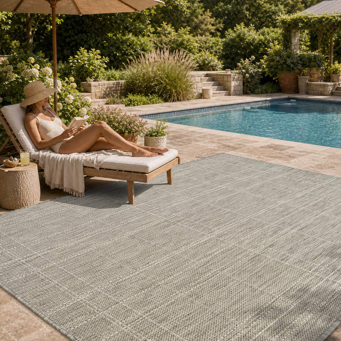 A light gray subtle grid outdoor area rug adds clean woven texture to a poolside lounge area with a chaise chair, umbrella shade, garden greenery, and relaxed weather-resistant summer patio style.