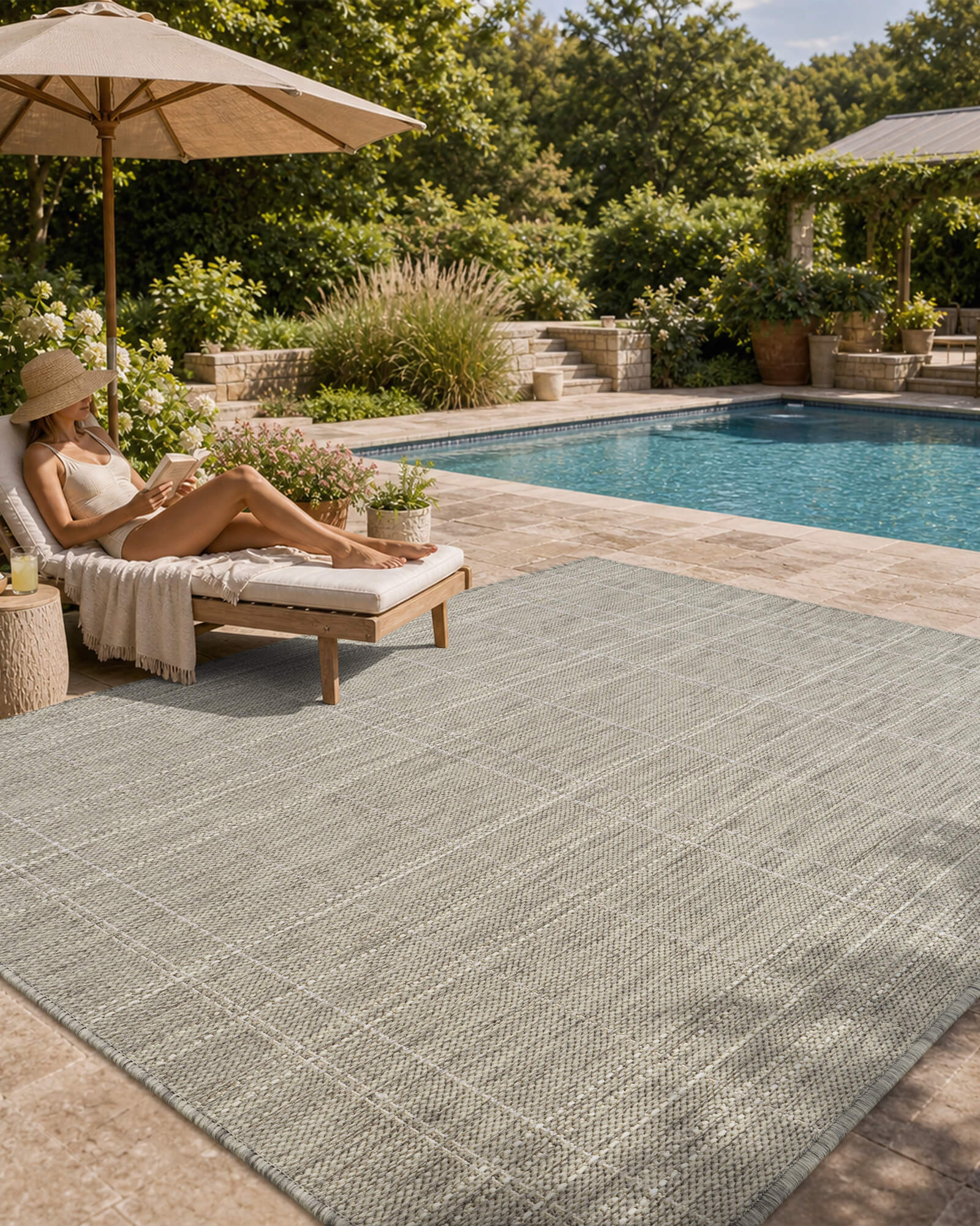 A light gray subtle grid outdoor area rug adds clean woven texture to a poolside patio with a chaise lounge, umbrella shade, garden greenery, and relaxed weather-resistant summer style.