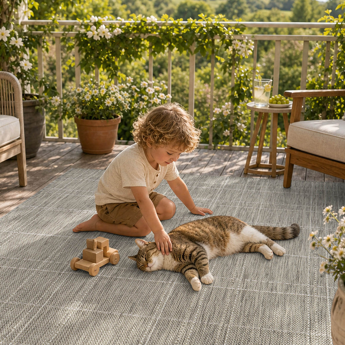 A light gray subtle grid outdoor rug creates a cozy kid and cat friendly balcony play area with natural woven texture, potted flowers, outdoor seating, and relaxed weather-resistant style.