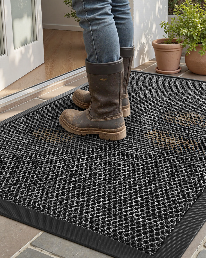 Low profile entryway mat that fits easily under doors without curling or bunching