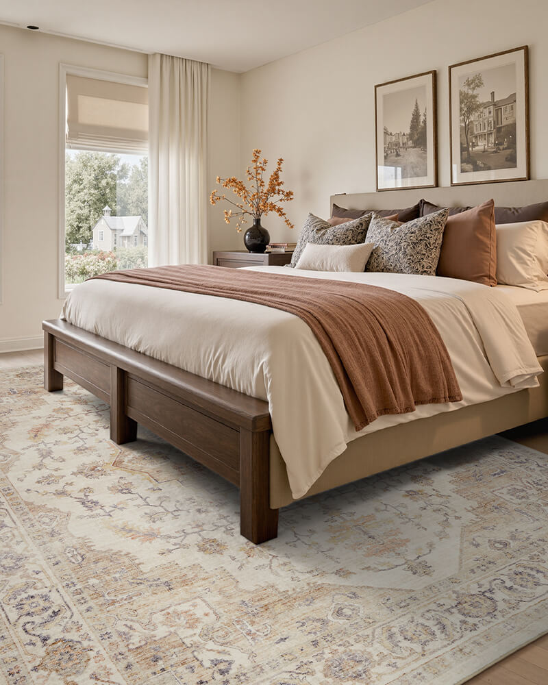 Boho-inspired rug designed for casual, natural interiors