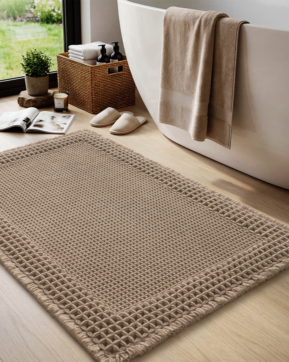 Machine washable bathroom mat with quick dry performance and soft texture