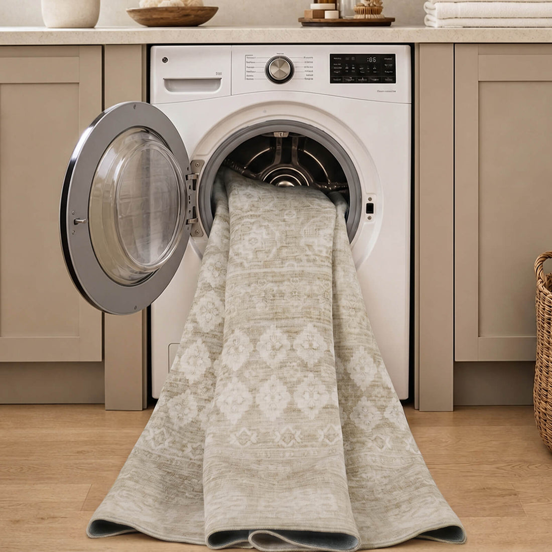 A machine washable beige vintage area rug with a soft distressed pattern makes everyday cleaning easier while adding cozy, timeless style to busy homes.