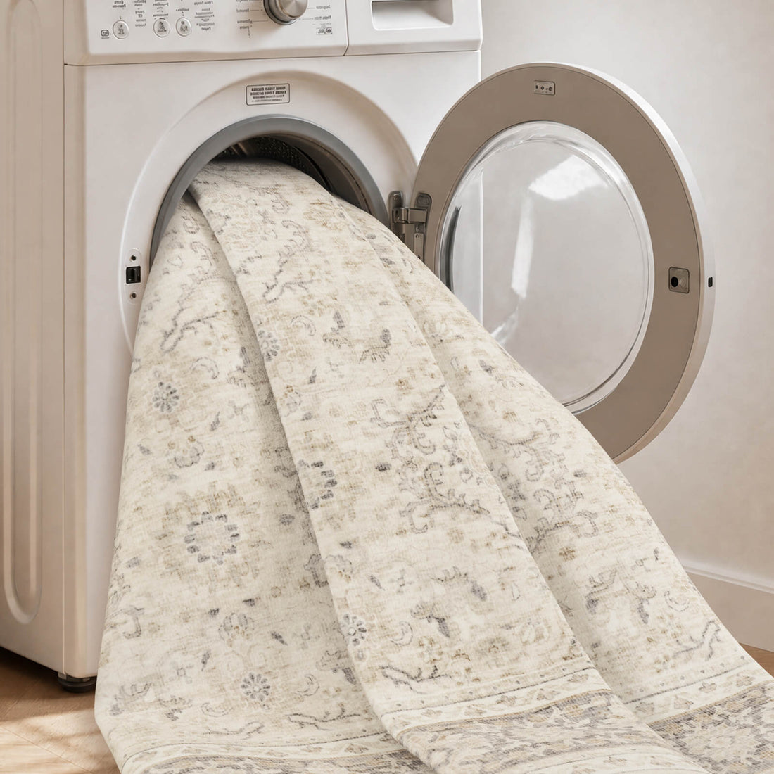 An ivory vintage washable area rug is shown in a front-load washer, highlighting its machine washable design, faded floral pattern, soft low-pile texture, and easy-clean convenience for everyday homes.