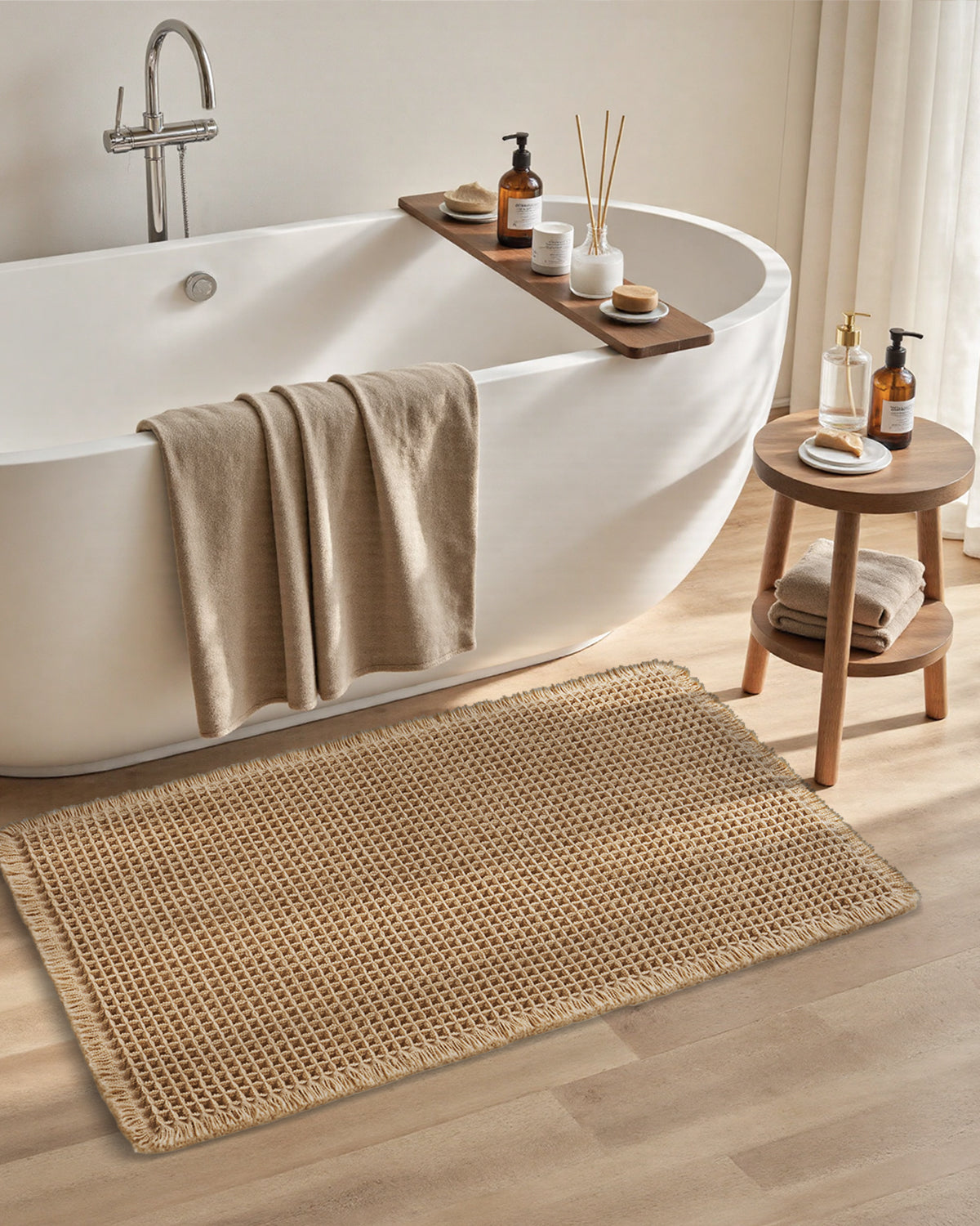 Machine washable waffle bath mat designed for easy cleaning and long lasting use