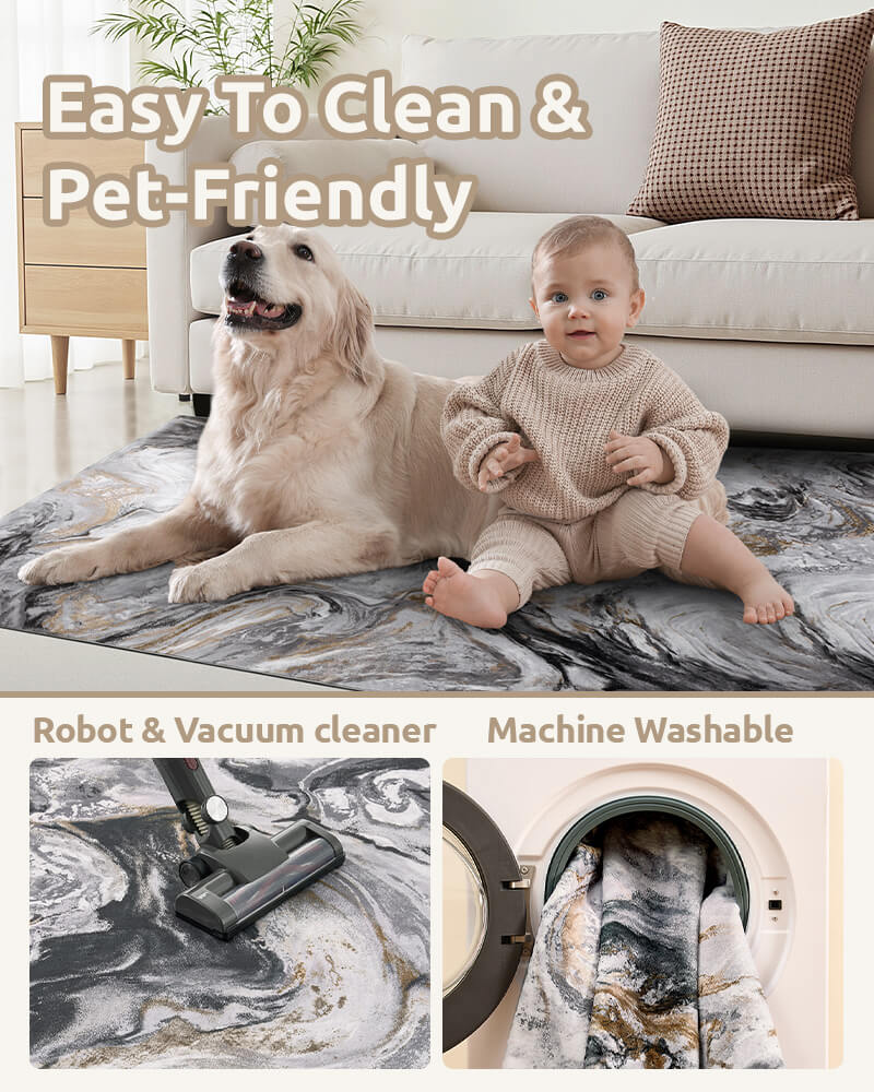 Washable modern rug suited for real-life family living