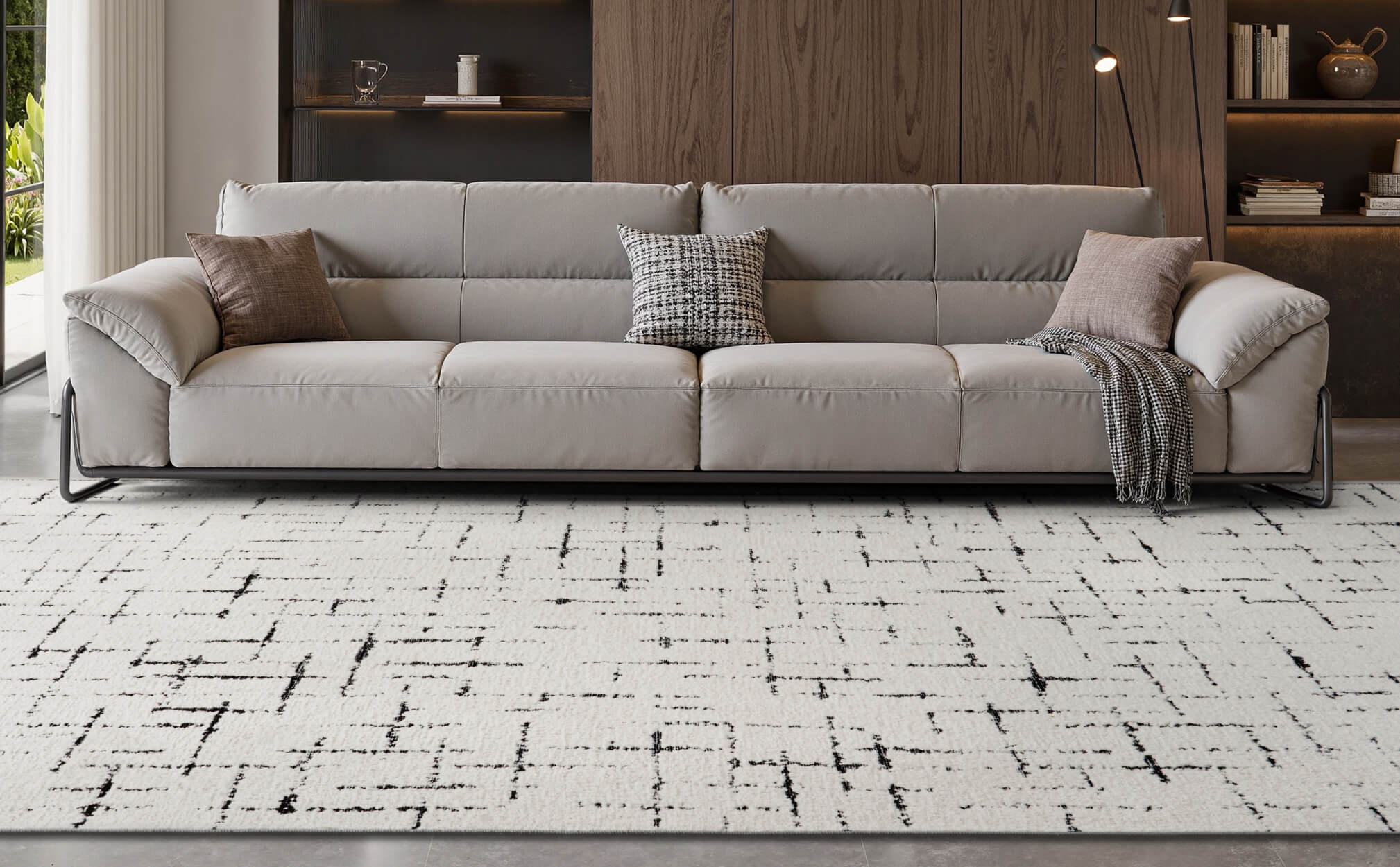 This modern line area rug adds a clean and contemporary touch to the living room with a soft surface, washable care, and non slip backing for everyday family use.