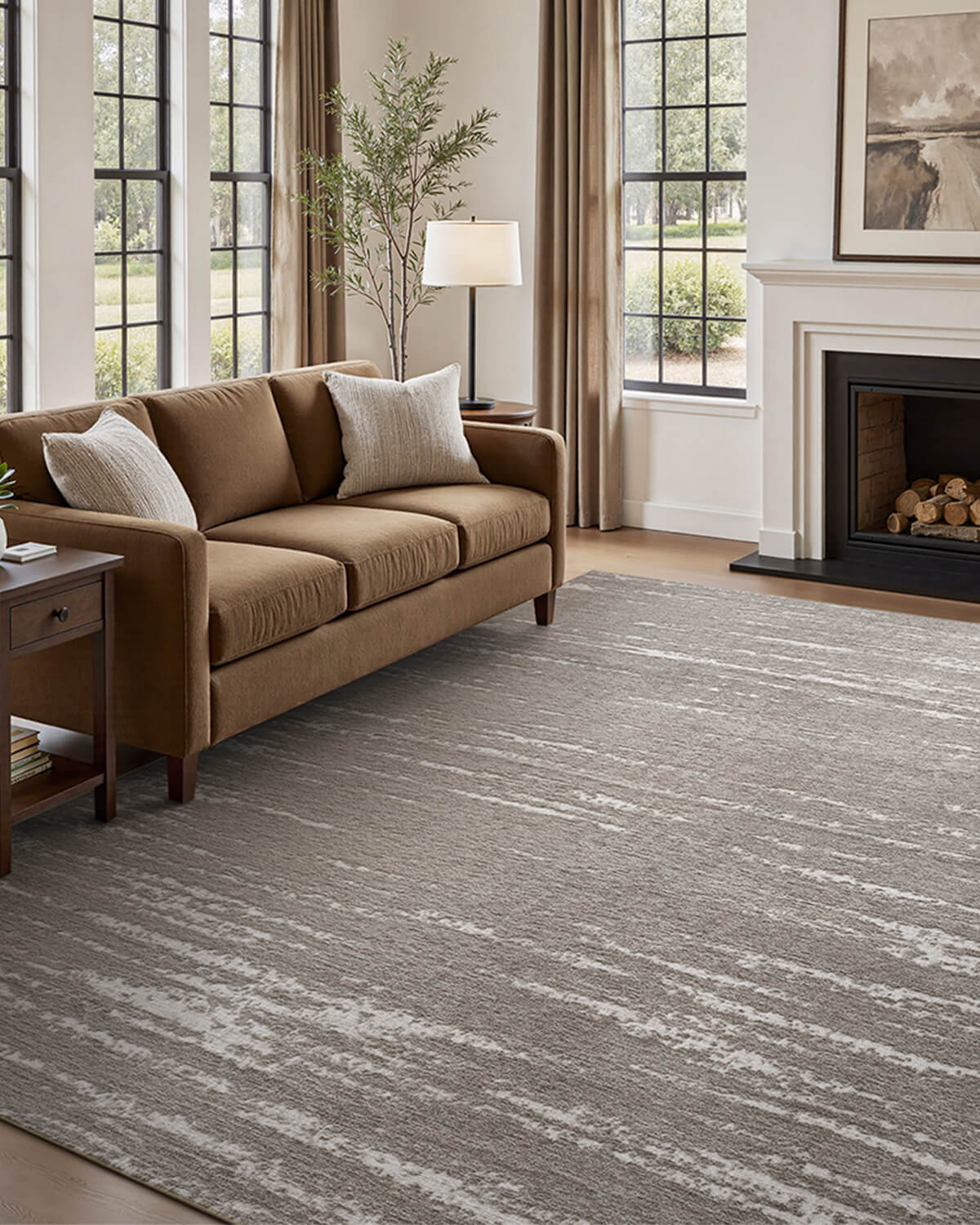 Abstract linear area rug combining soft comfort and durability for family homes