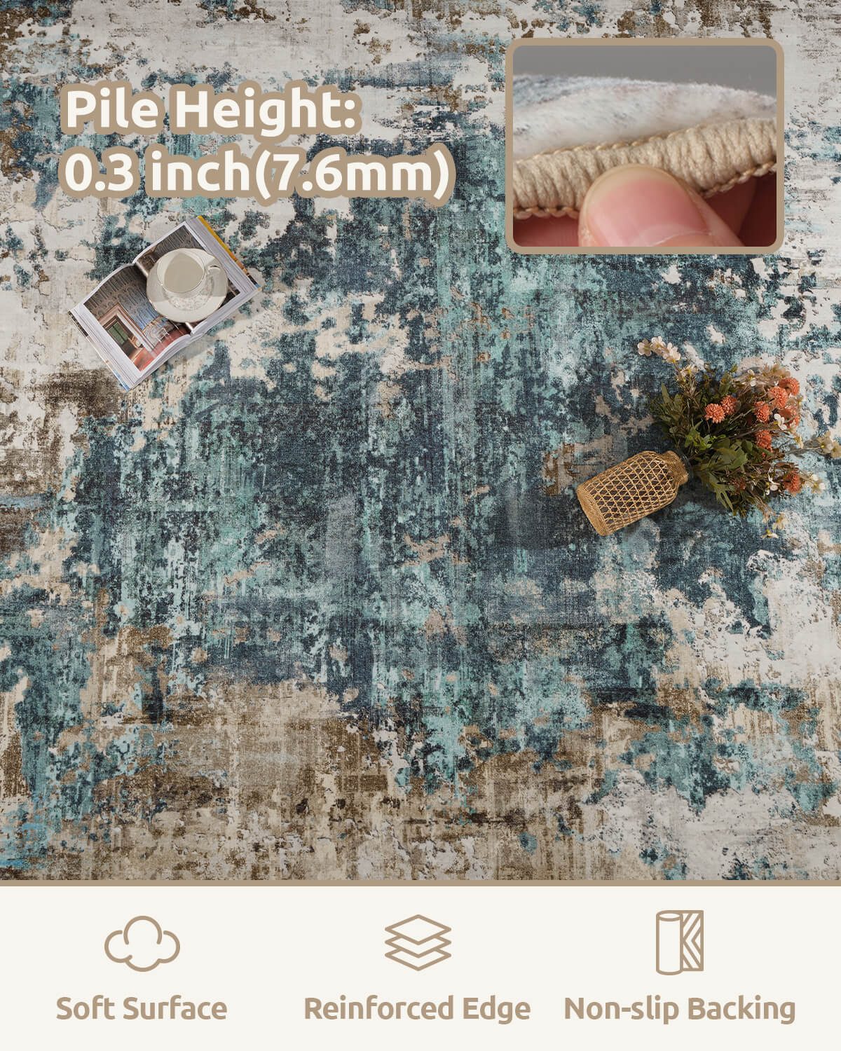 Modern abstract area rug with machine washable soft surface for family use