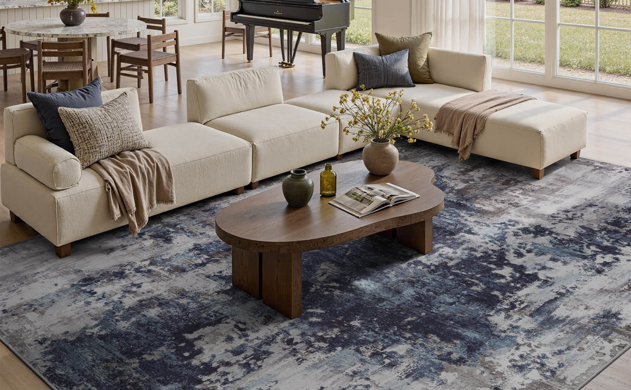 Modern abstract rug combining soft comfort and durability for family lifestyle