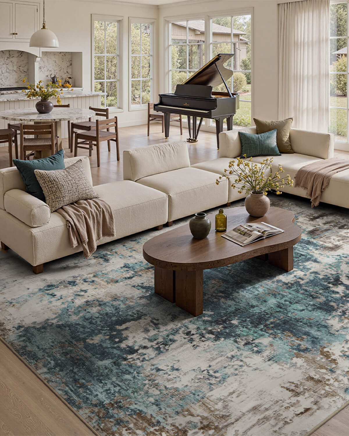Modern abstract area rug with non slip backing safe for kids and pets