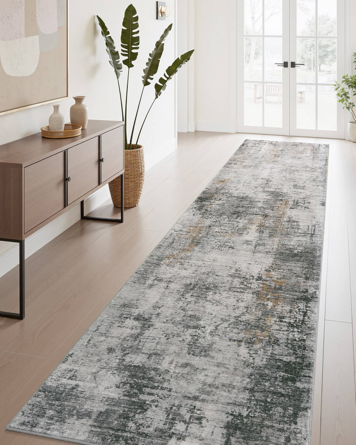 Abstract modern rug featuring clean geometric lines for a polished look