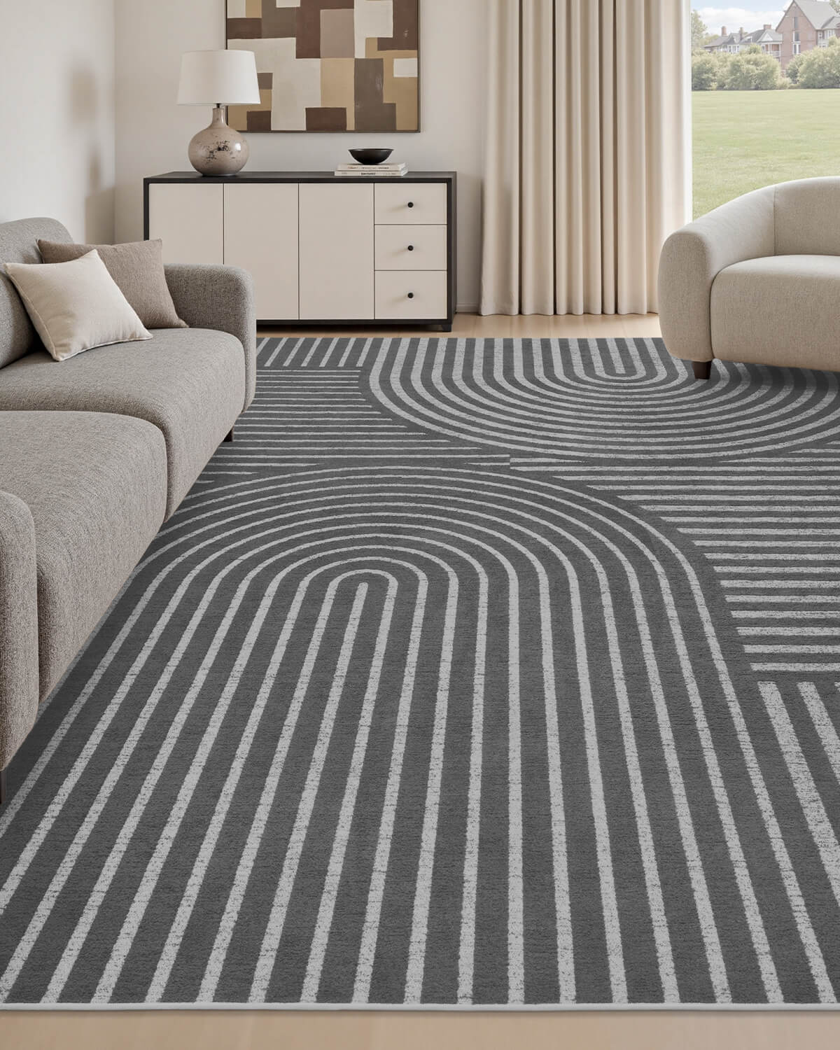 Modern abstract line rug featuring non slip backing and soft comfort for living room spaces