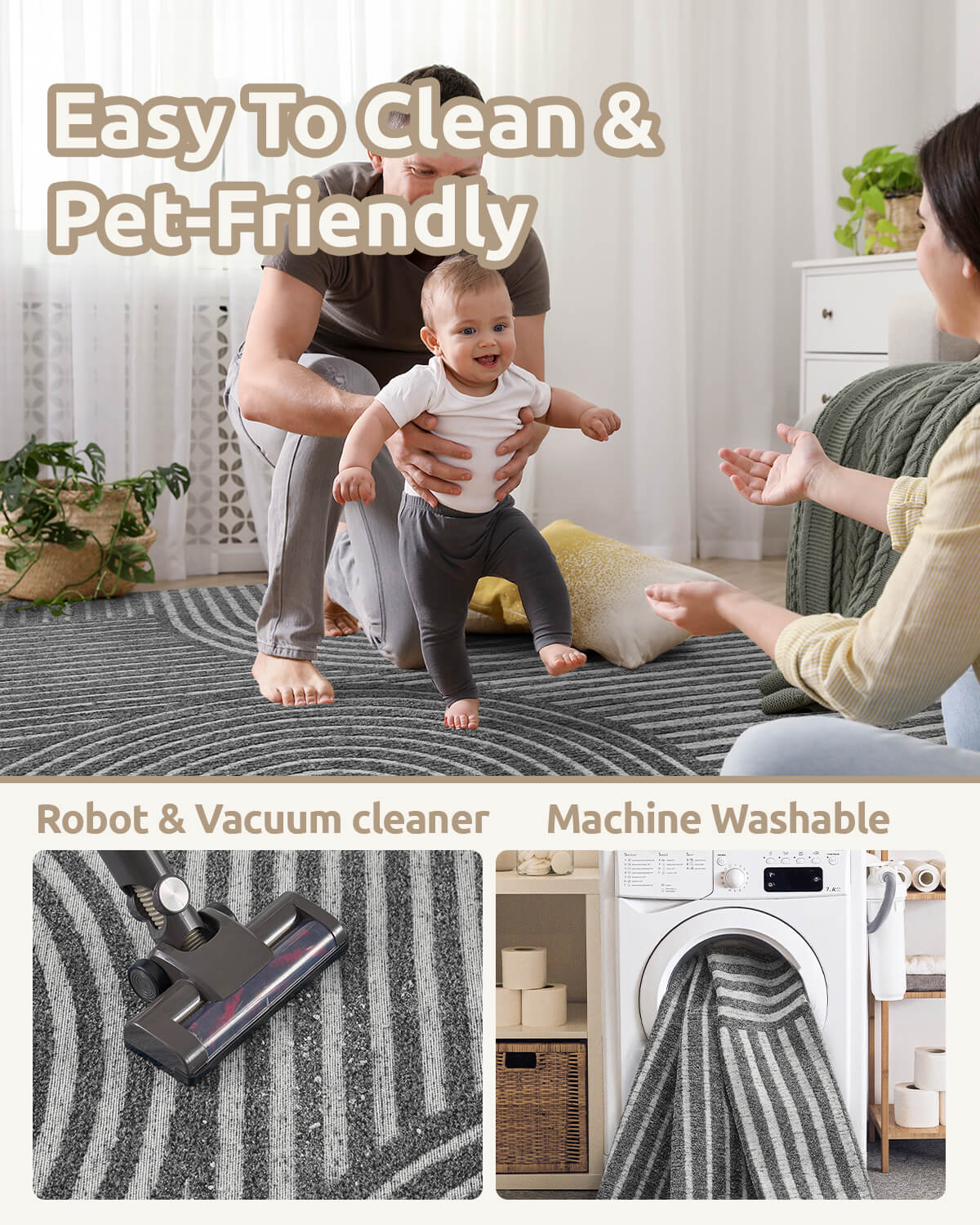 Abstract linear modern area rug with washable surface and soft texture designed for stylish contemporary home decor