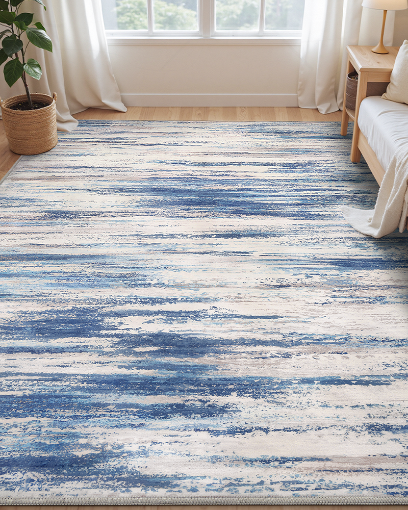 Modern abstract area rug for home, soft washable design for cozy comfort.