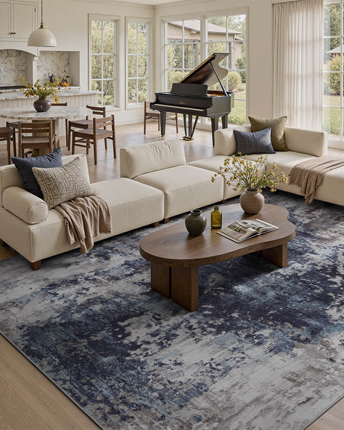 Modern abstract area rug offering soft comfort for modern living room spaces