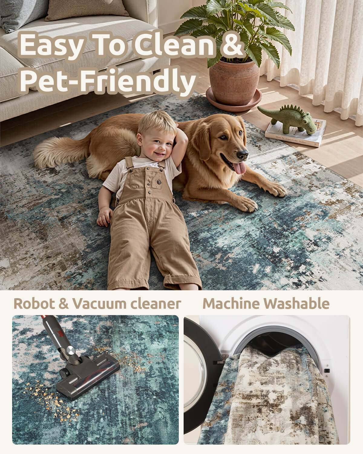 Modern abstract area rug combining soft comfort and durable construction for family homes