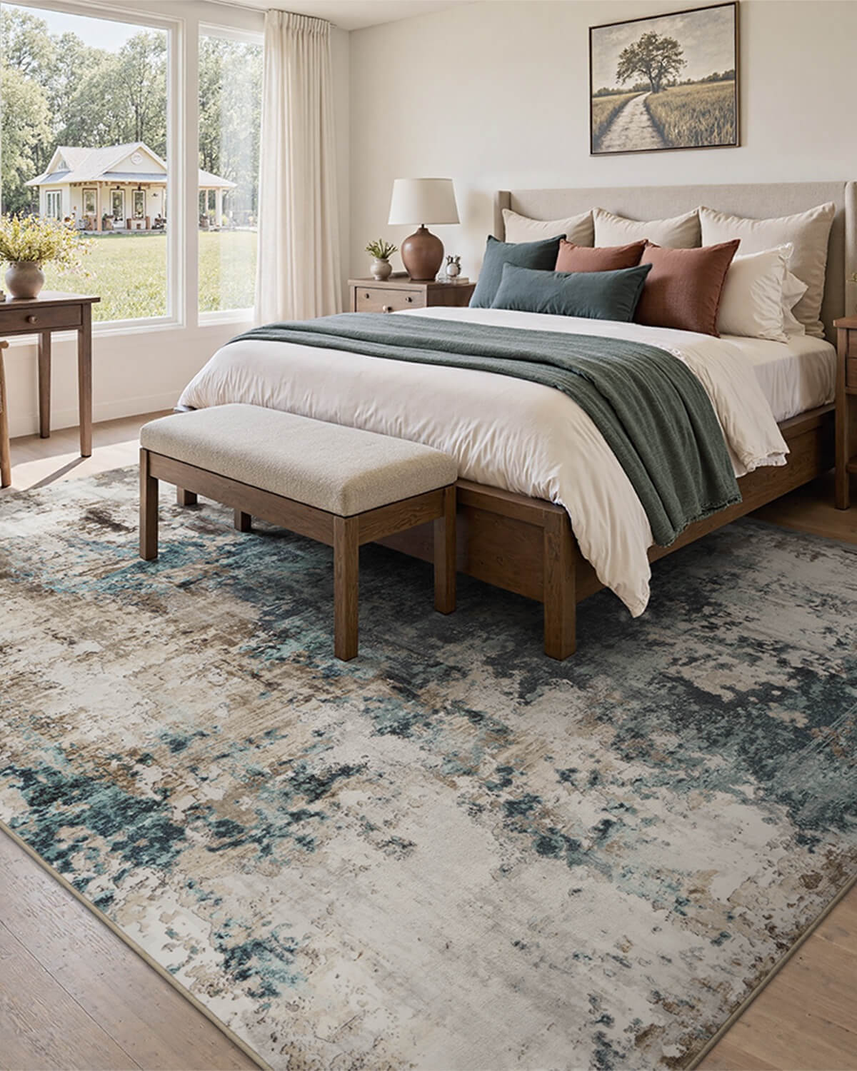 Modern abstract rug with non slip backing and soft feel for bedroom and home decor