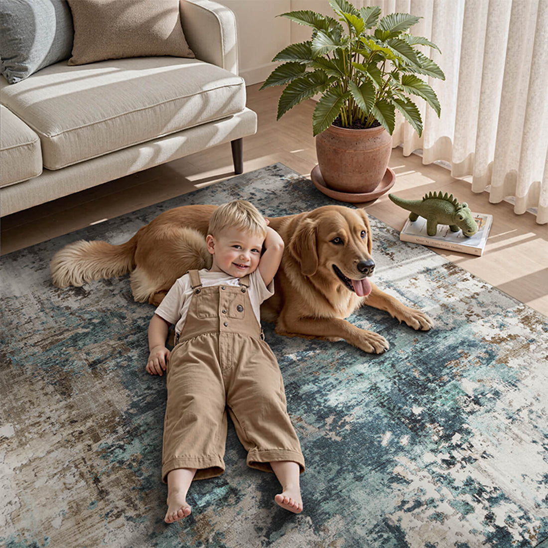 Modern abstract area rug with machine washable design and soft texture perfect for living room comfort