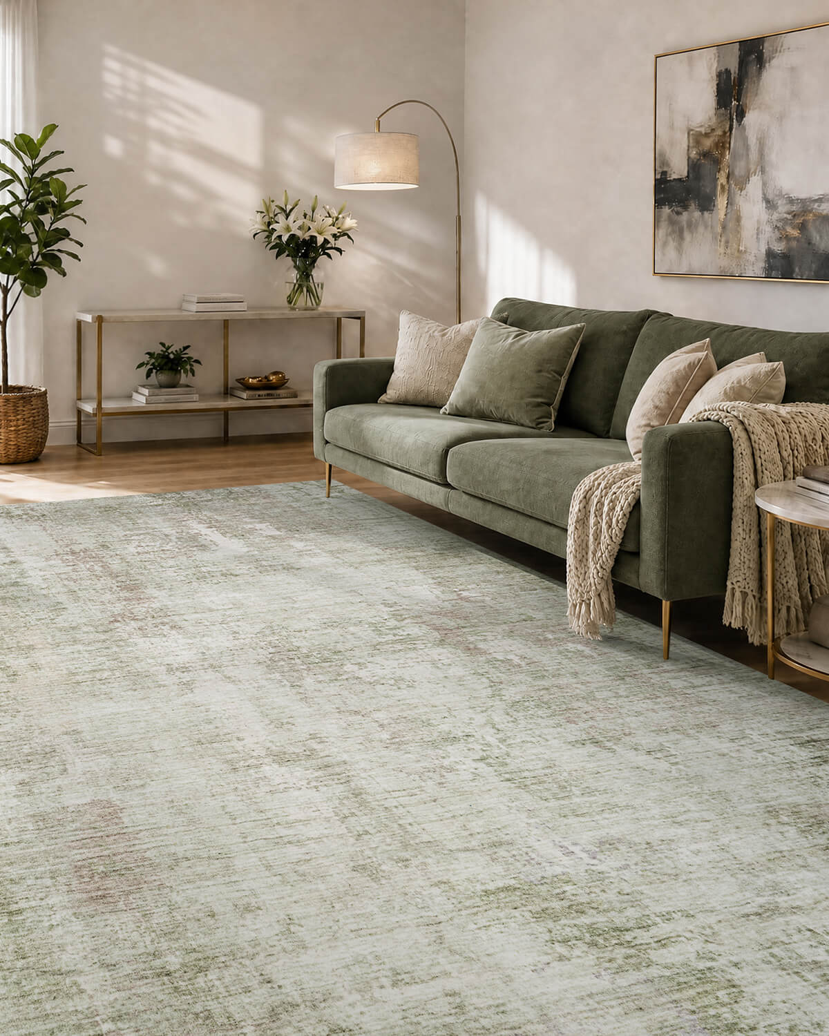 This abstract area rug adds a soft and calming foundation to the living room with a washable easy-care design that suits relaxed everyday home use.