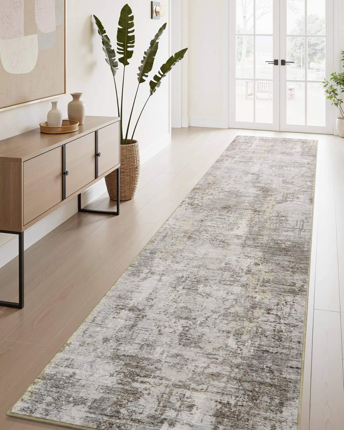 Modern abstract line pattern rug adding structure and balance to minimalist home interiors