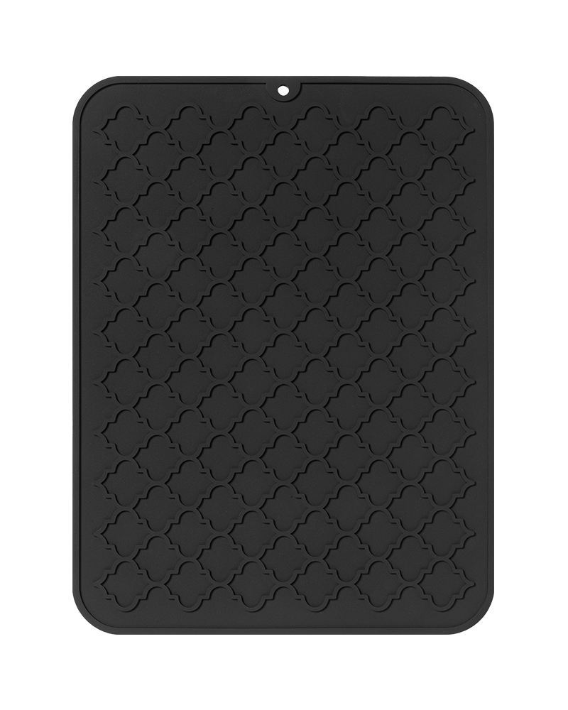 Compact silicone dish drying mat with space-saving reversible design.