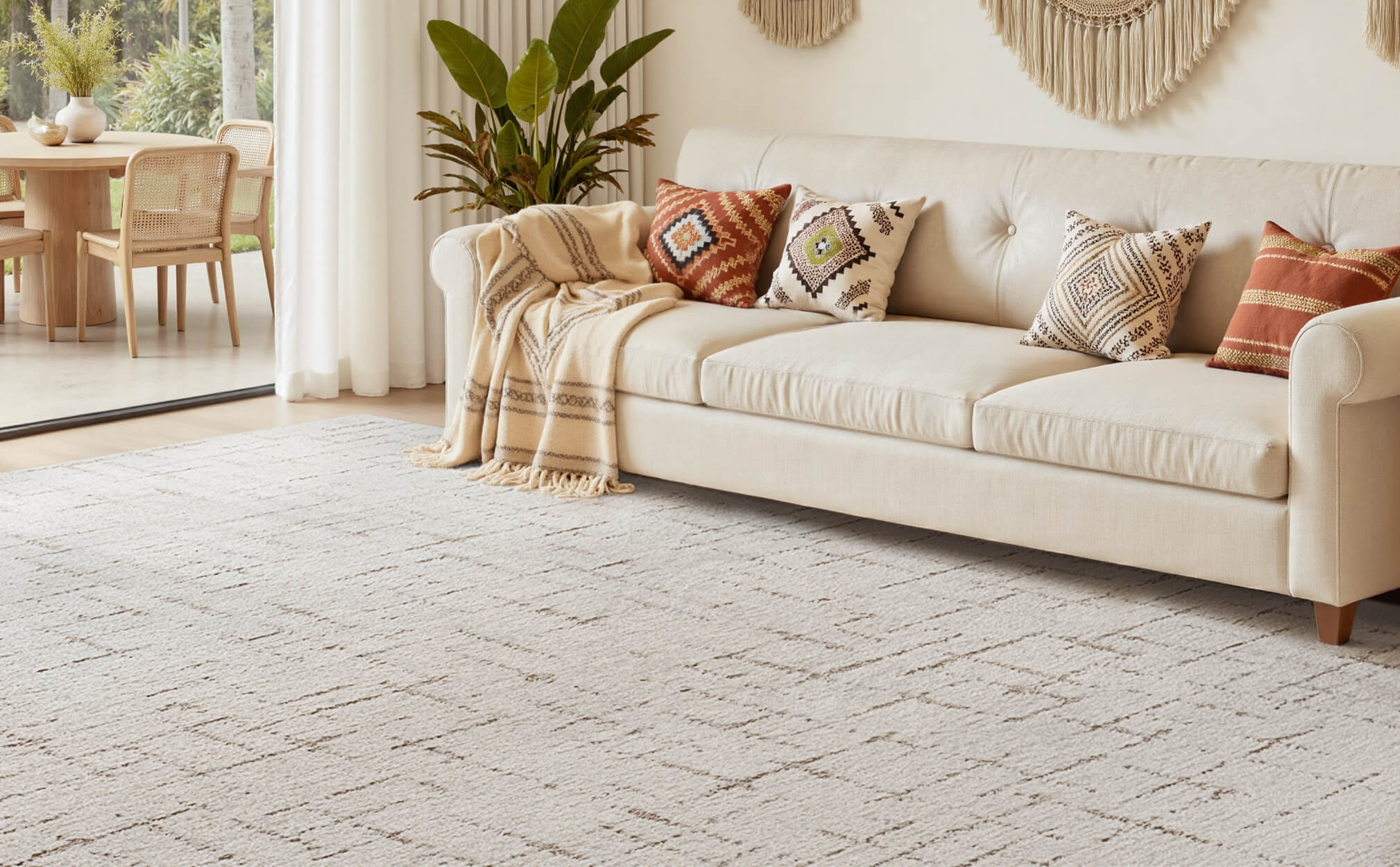 This linear modern area rug adds a soft and balanced look to a lounge space with a pet friendly surface made for everyday comfort.