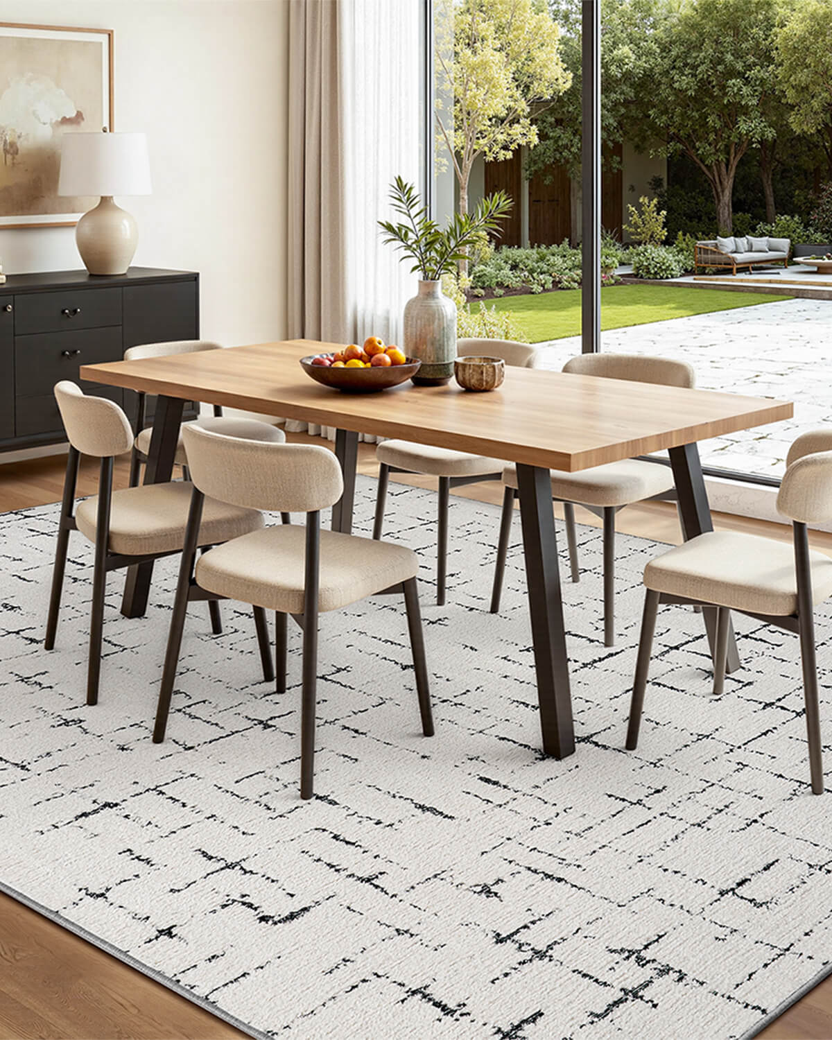 This abstract line area rug gives the living room a modern layered feel with a soft texture and washable design that is easy to care for.