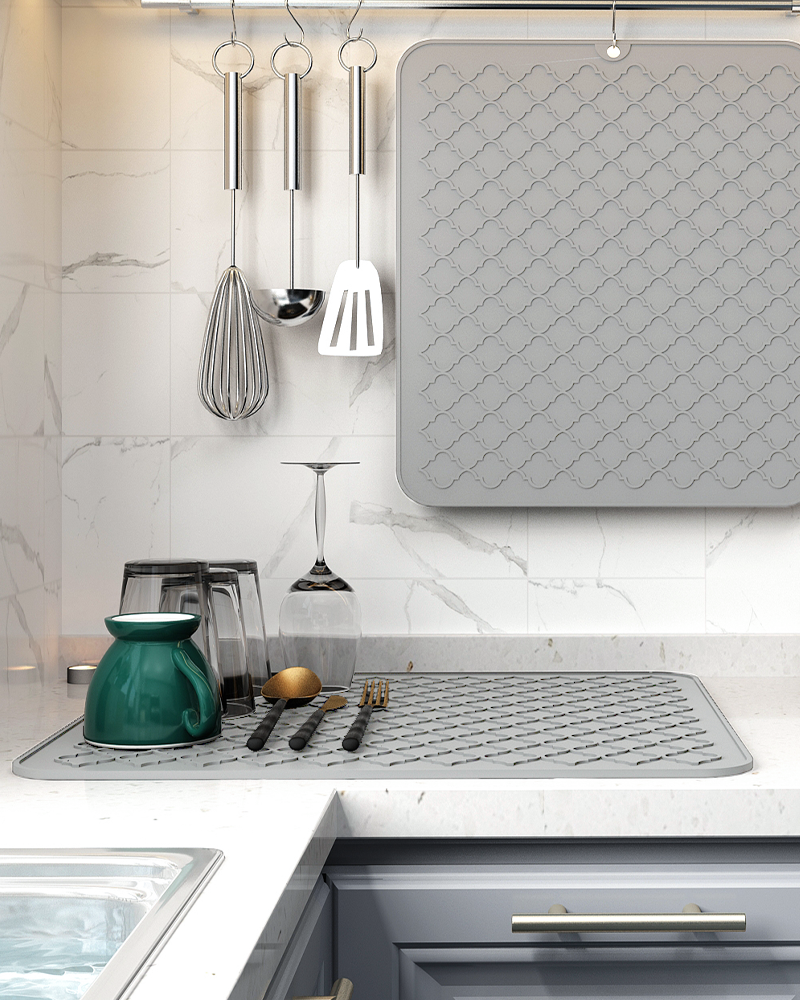 Foldable silicone mat for coffee station and sink area, heatproof and washable.