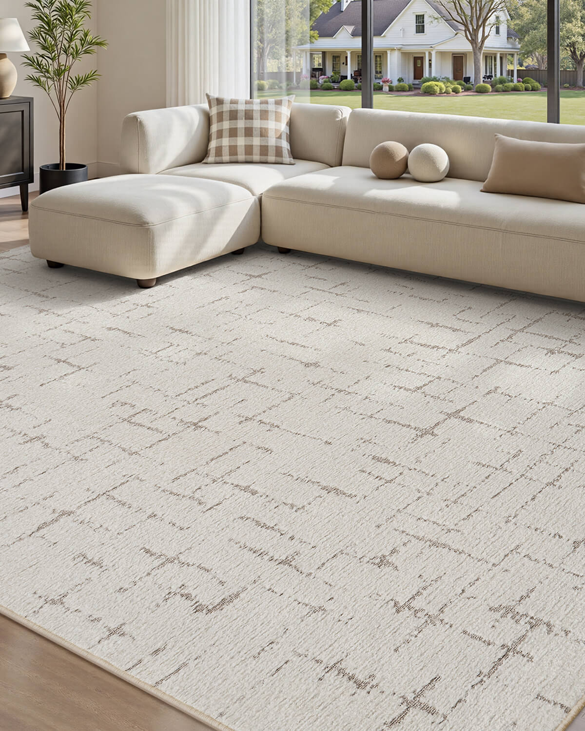 This modern line area rug adds a calm and relaxed feel to the family room with soft underfoot comfort and a simple modern design.