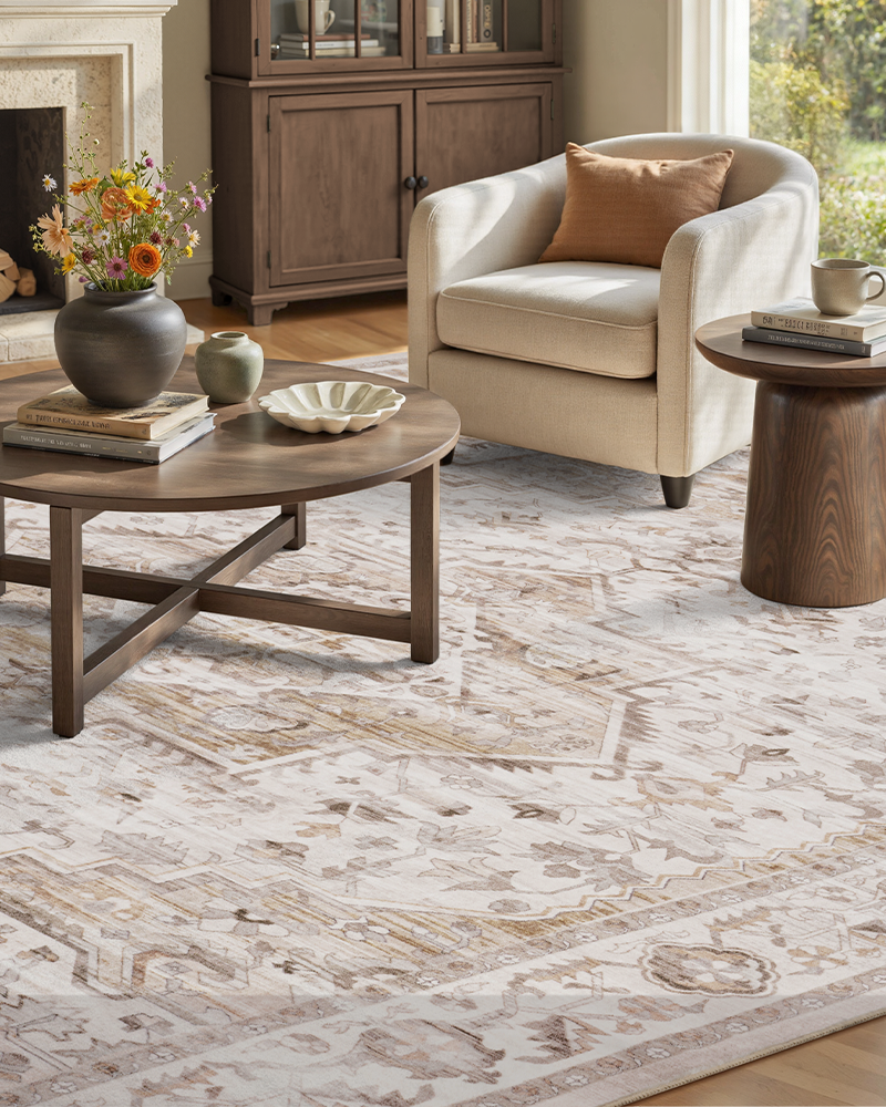 MontVoo soft abstract vintage rug with dense fibers that reduce noise in living rooms.
