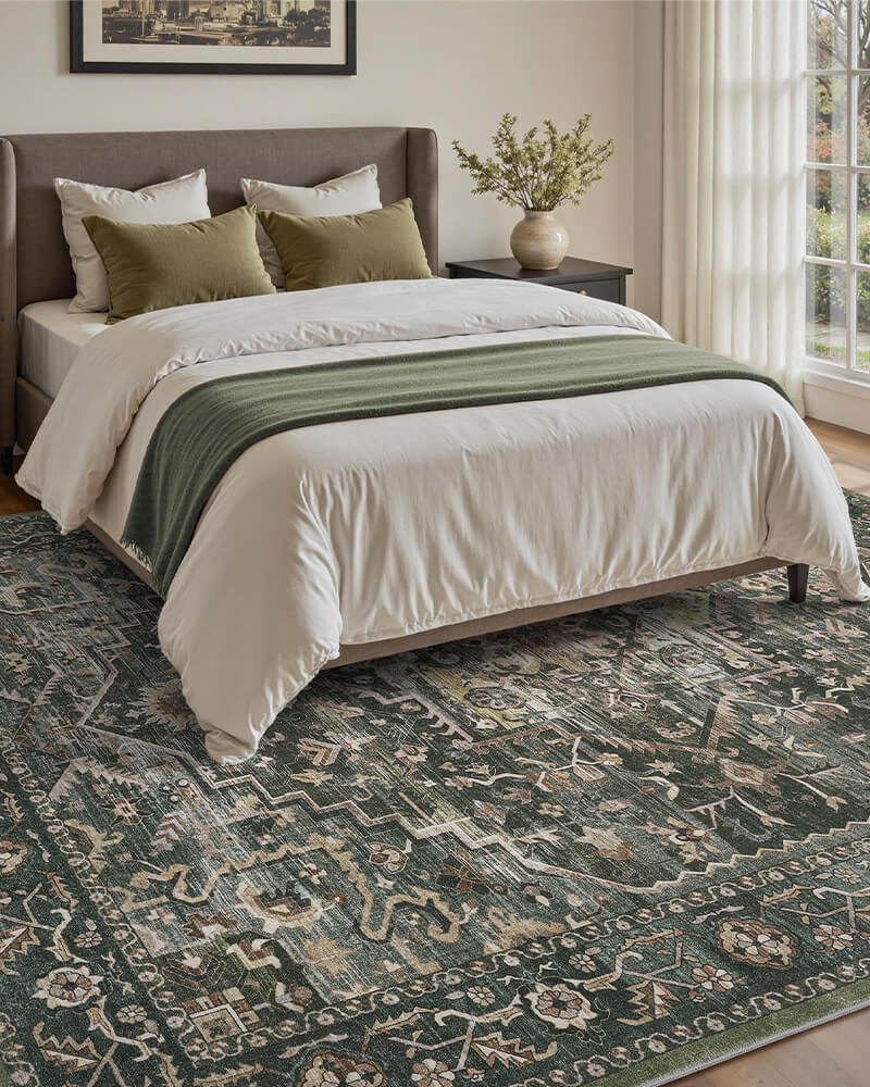 Washable boho area rug made for daily living routines and clean floors