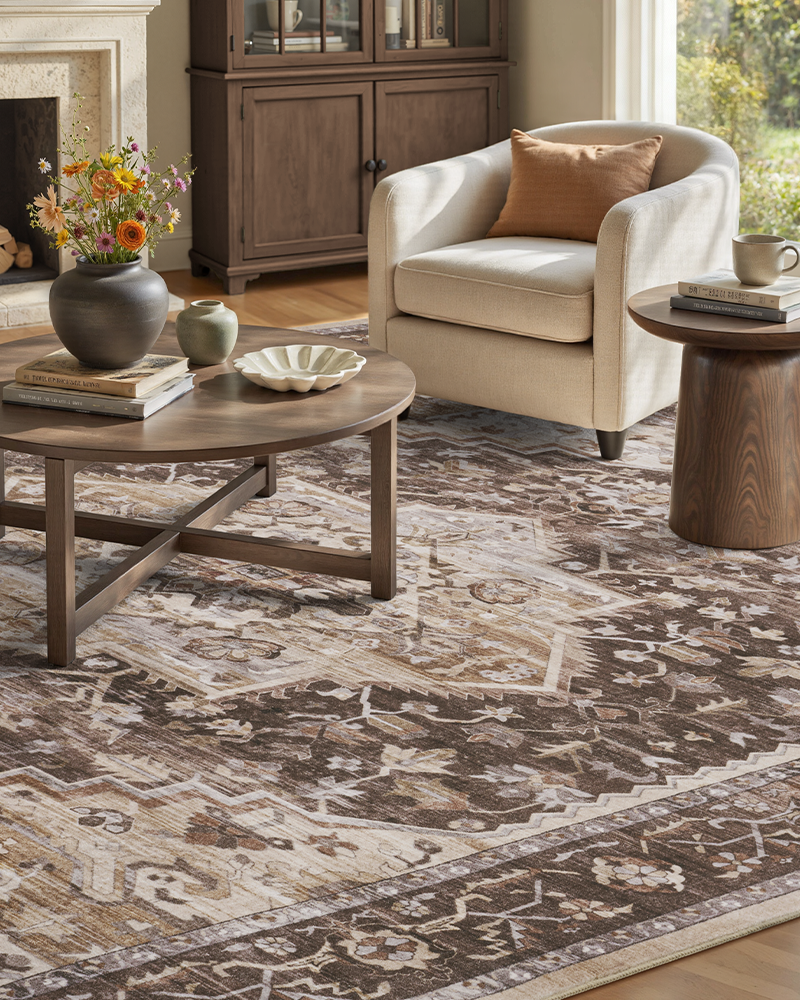 MontVoo abstract vintage rug in neutral soothing tones, adds relaxed elegance to any room.