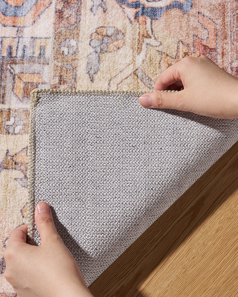 MontVoo abstract vintage rug in soothing tones, adds calm charm to dining and living areas.