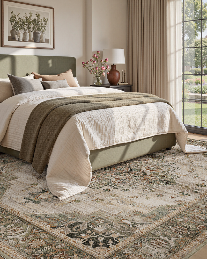 MontVoo area rug with soft comfort fibers and non-slip backing, great for bedroom use.