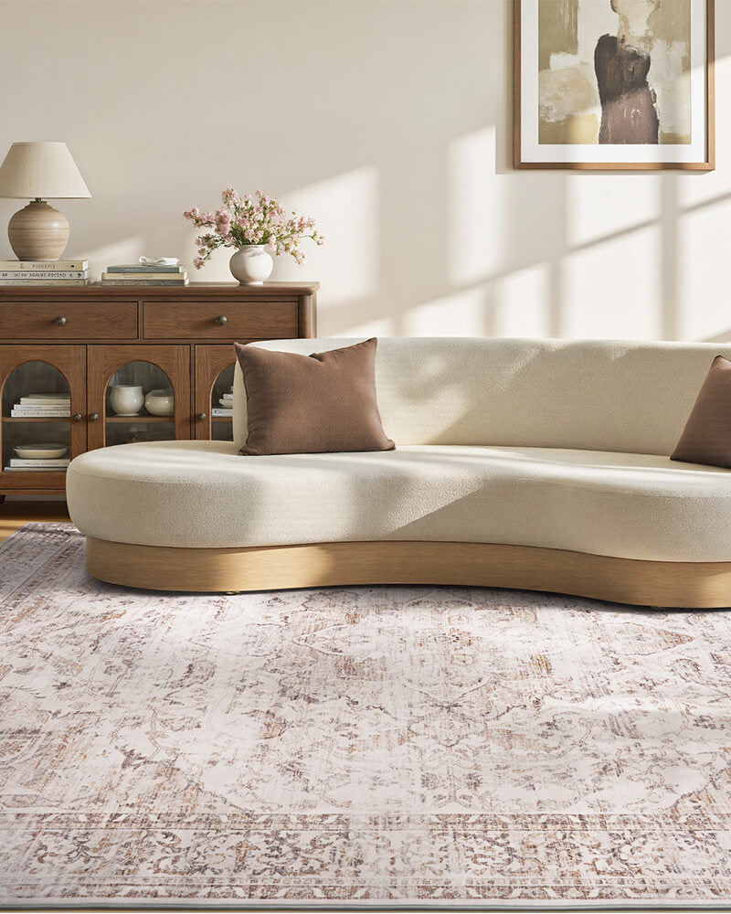 Thin boho area rug designed for easy care and safe for kids and pets