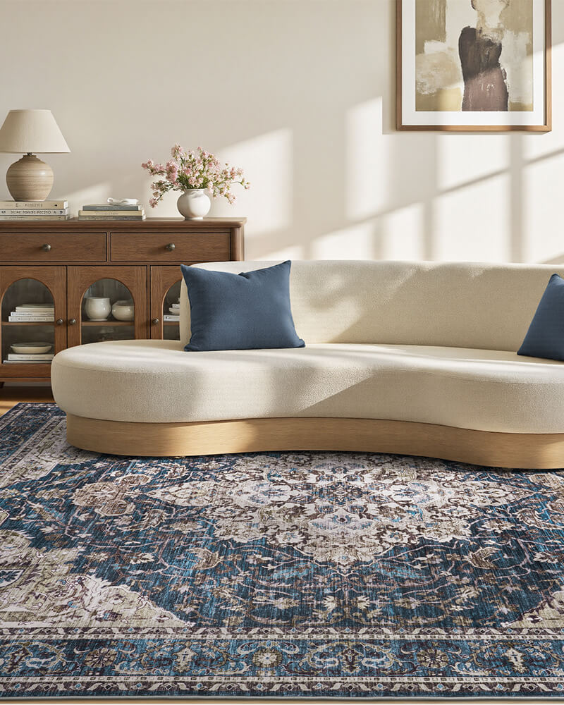 Non slip boho area rug designed for busy living areas, machine washable for easy maintain.