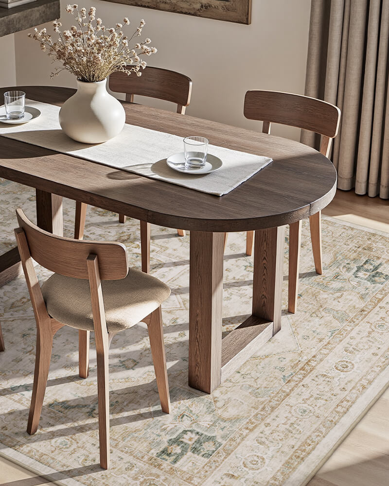 Boho area rug that adds softness and warmth to cozy bedrooms and relaxed living spaces, with machine washable fabric.