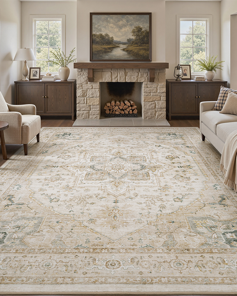 MontVoo boho neutral soft textured area rug, cozy and durable, non-slip for living room.