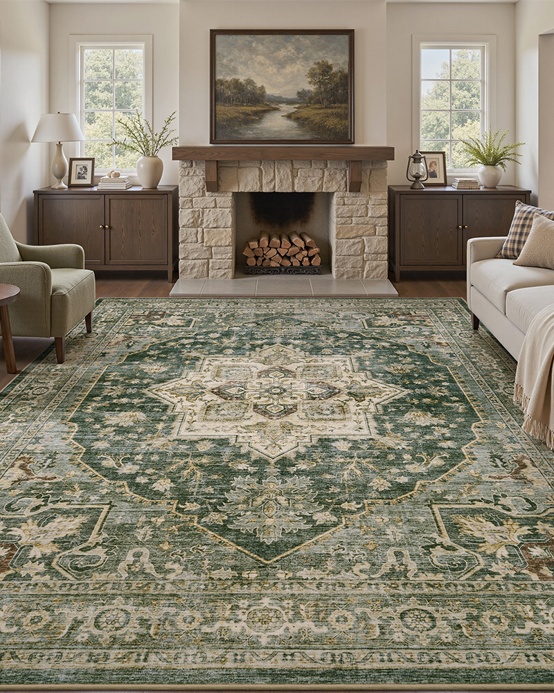 MontVoo washable boho neutral soft area rug, non-slip and cozy, perfect for bedroom use.
