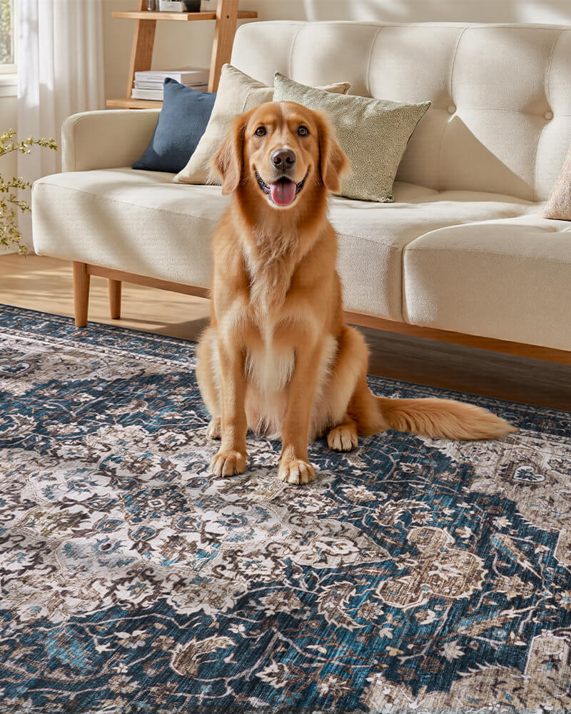 Thin boho area rug designed for easy vacuuming, soft touch, gentle for pets and kids.