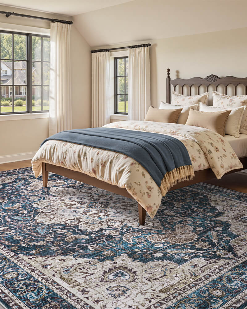 Soft boho area rug ideal for family friendly interiors, machine washable, easy to clean, suitable for home with pets and kids.