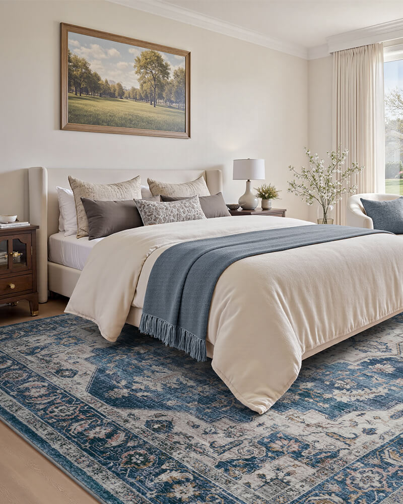 Boho style area rug that fits relaxed modern interiors, washable area rug with soft touch.