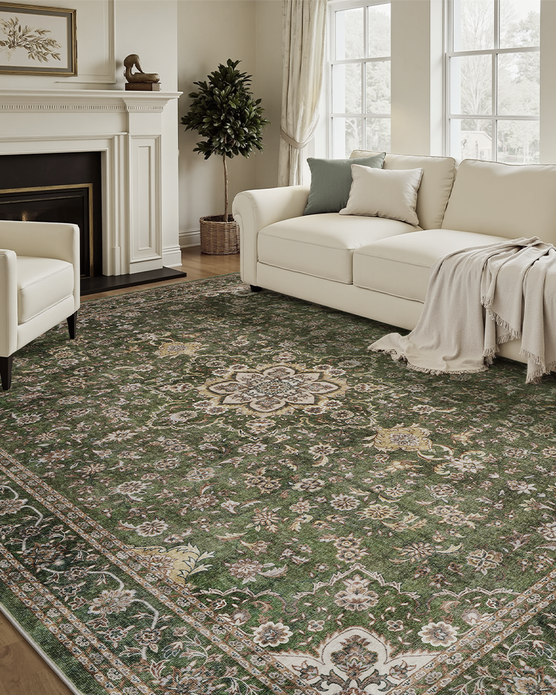 MontVoo floral vintage area rug, non-slip for living room and bedroom, safe for children and pets.