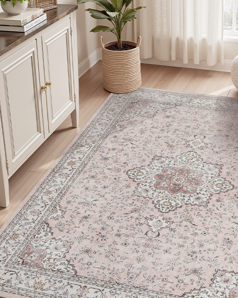 MontVoo floral vintage area rug, soft and warm, ideal for living room and office spaces.